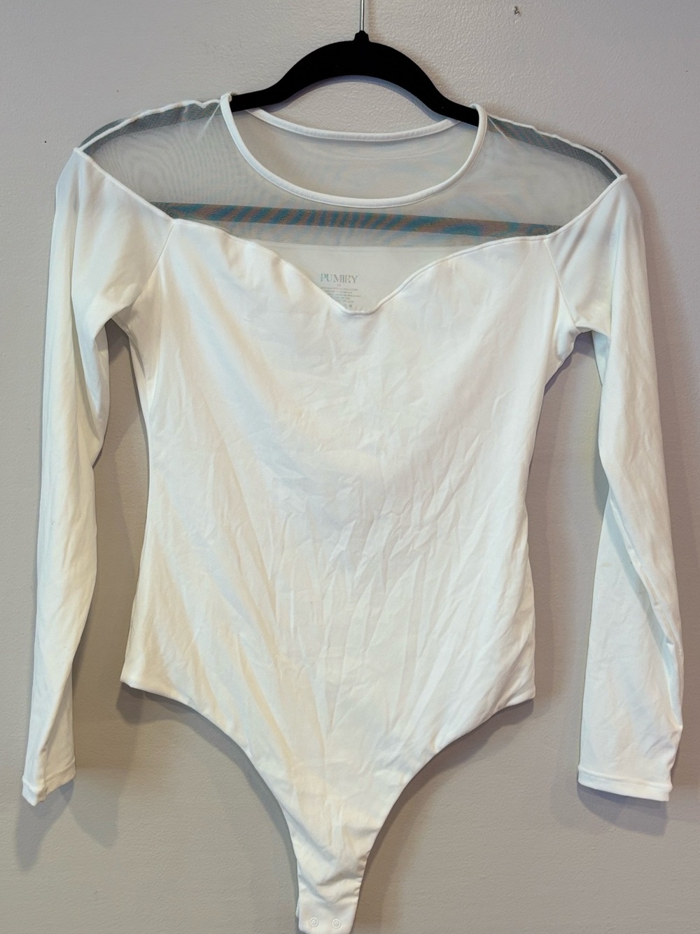Pumiey White Sheer Mesh Sweetheart Neck Long Sleeve Bodysuit Women's XS